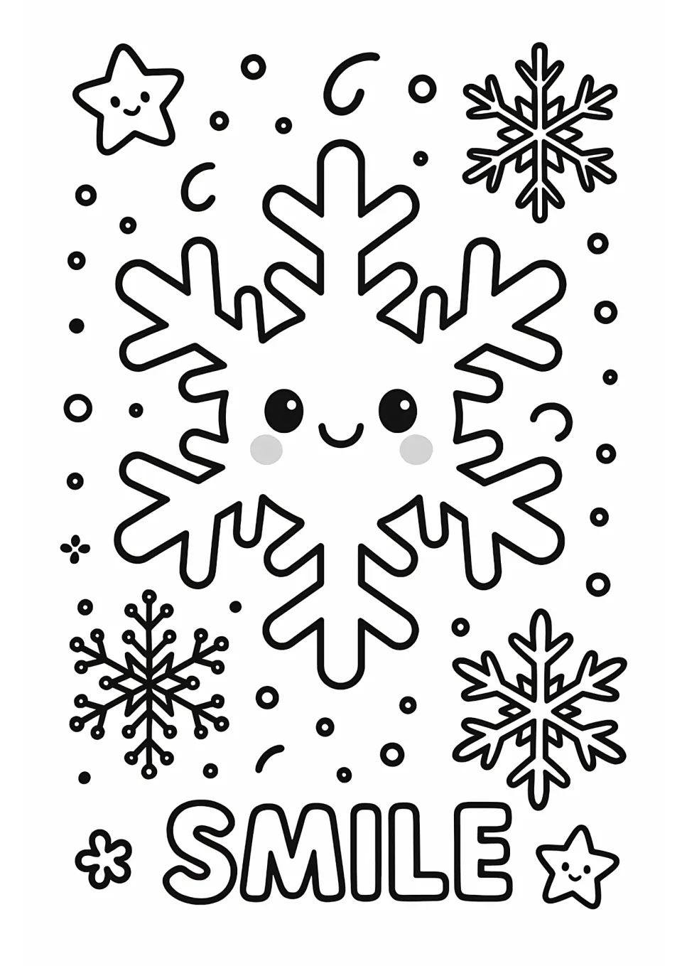Winter coloring sheet featuring a smiling snowflake, three smaller snowflakes, and the outlined word 'SMILE'