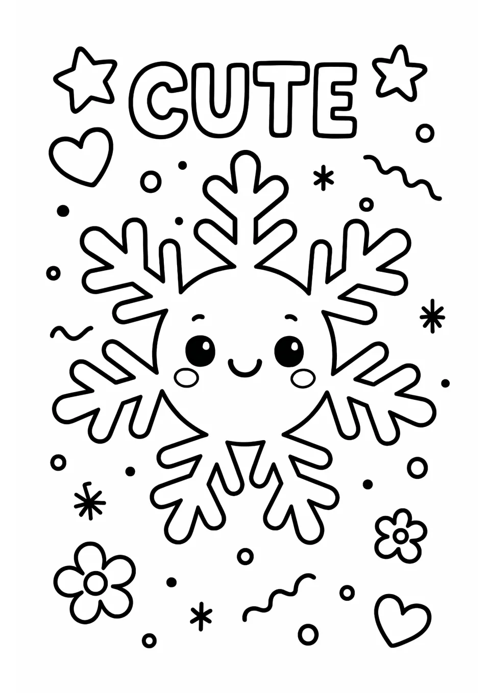 Winter coloring sheet featuring 'CUTE' above a smiling snowflake, with hearts, flowers, and stars to color