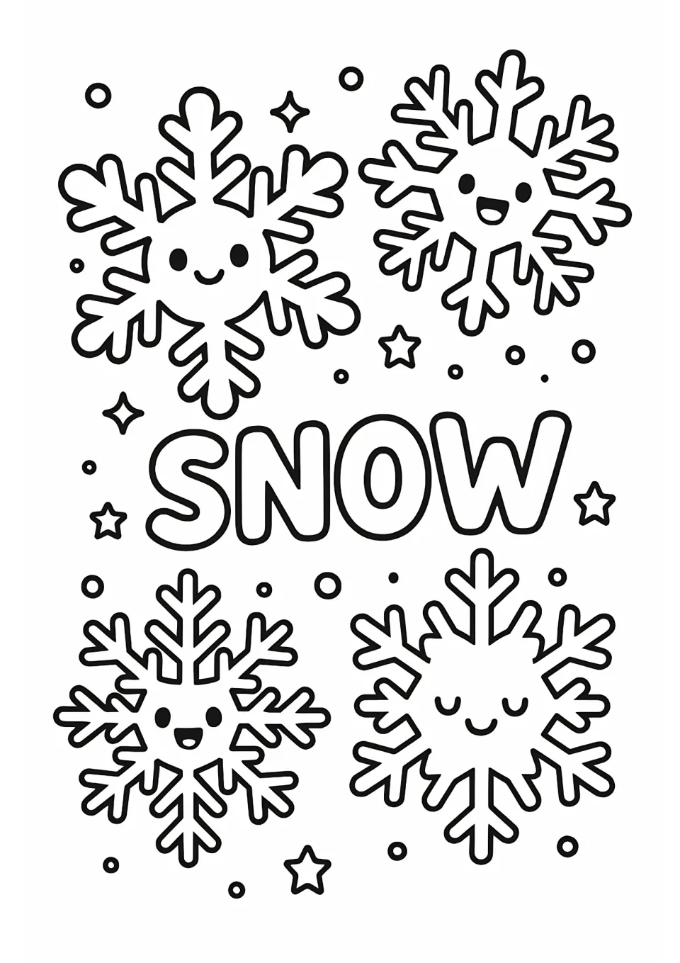 Winter coloring sheet featuring four snowflake characters around 'SNOW,' including one with closed eyes