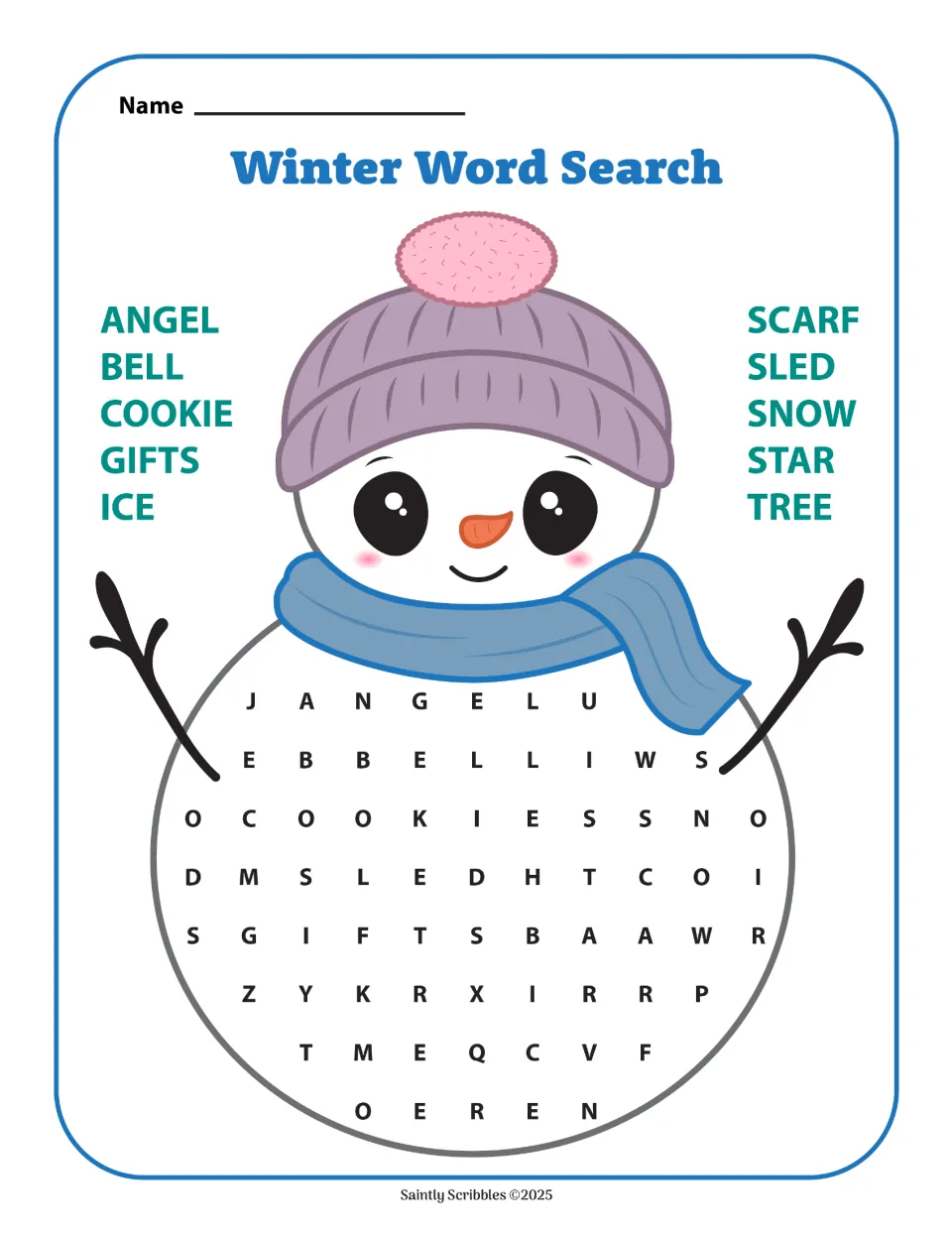 Color winter word search: angel, bell, cookie, gifts, ice, scarf, sled, snow, star, and tree.