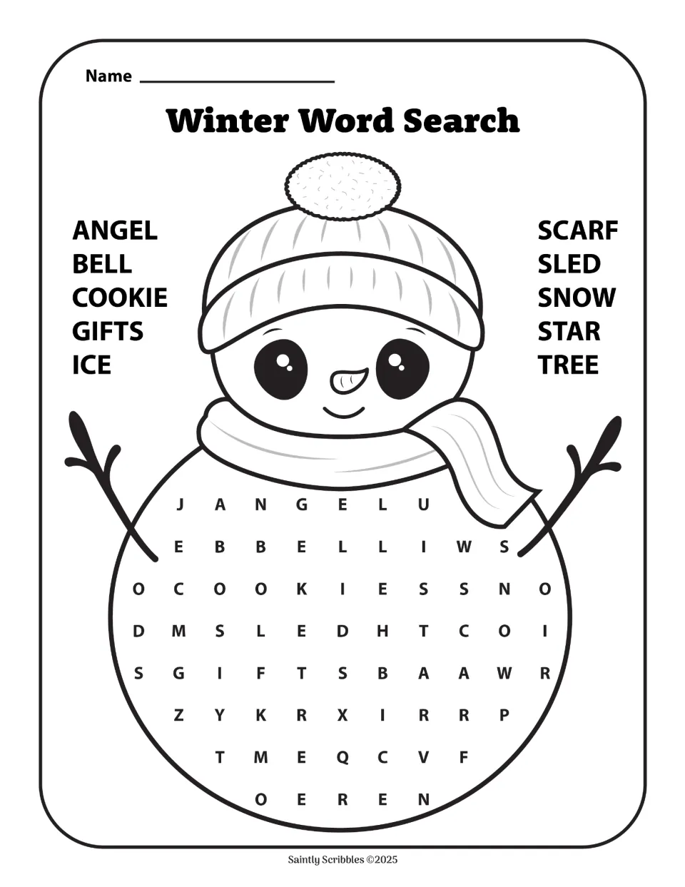 Black-and-white winter word search: angel, bell, cookie, gifts, ice, scarf, sled, snow, star, and tree.