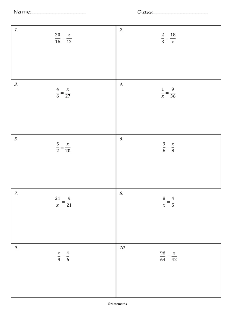 Solving proportions 1-10: students find x in equations such as 20/16 = x/12 and 2/3 = 18/x, showing work under each