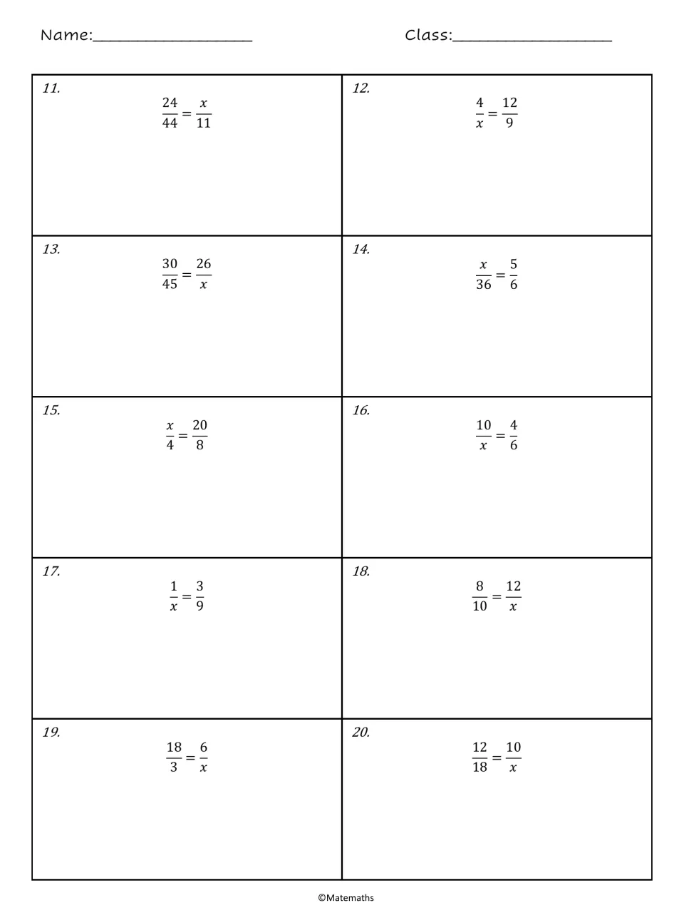 Solving proportions 11-20: students solve for x in 24/44 = x/11, 30/45 = 26/x and more, writing their steps for each