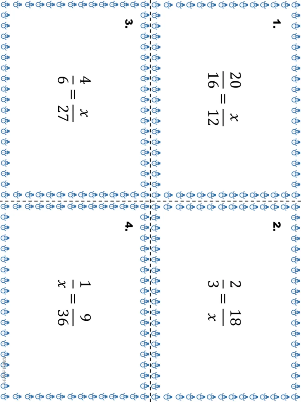 Snowman-themed proportion task cards 1-4: students solve for x in 20/16 = x/12, 2/3 = 18/x, 4/6 = x/27 and 1/x = 9/36