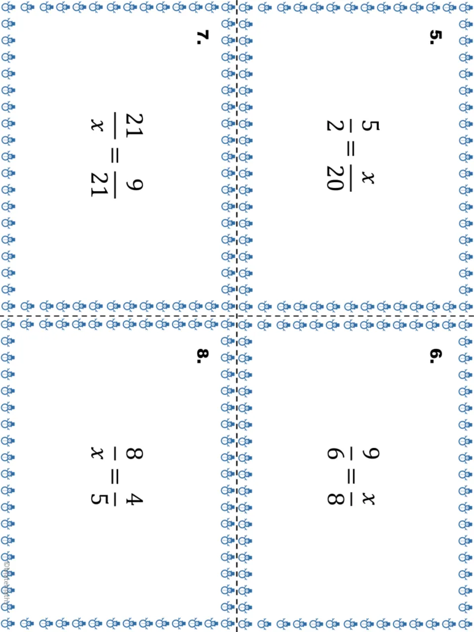 Proportion task cards 5-8: students find the missing value x in 5/2 = x/20, 9/6 = x/8, 21/x = 9/21 and 8/x = 4/5