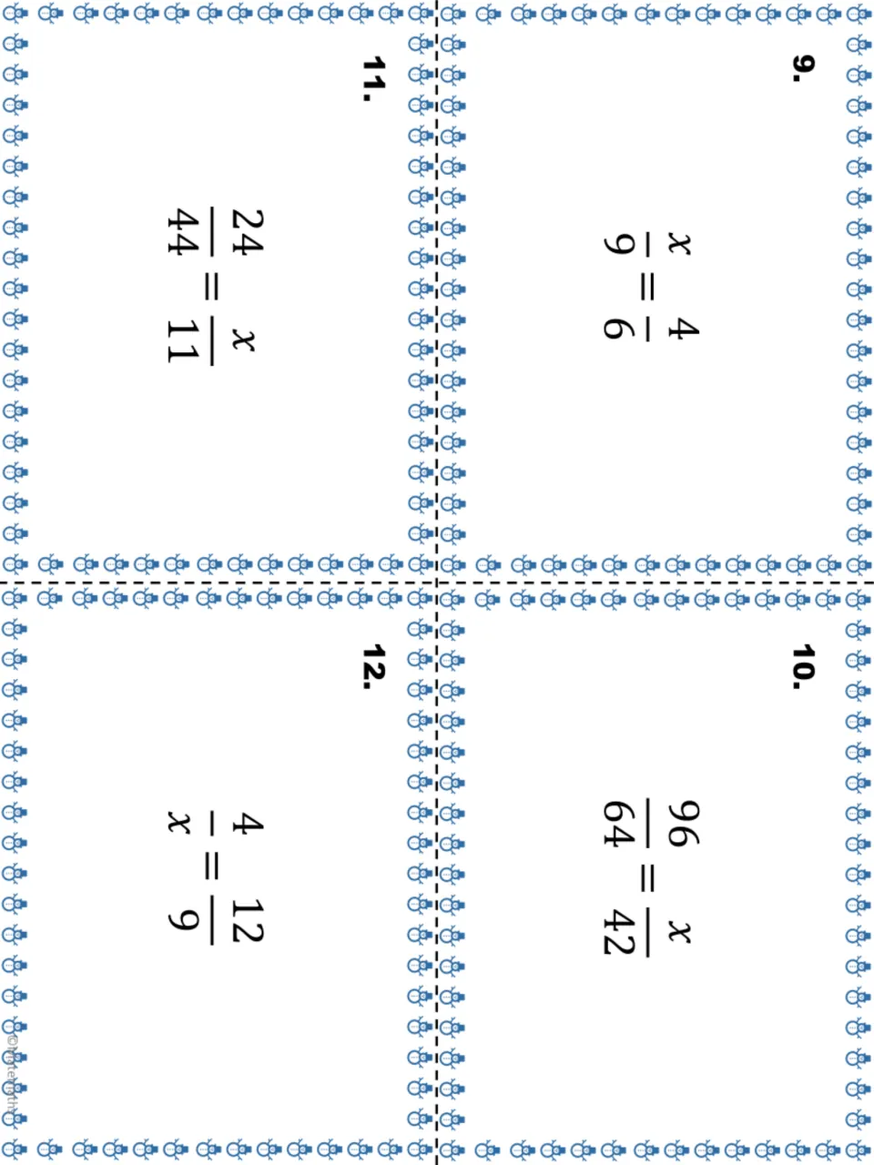 Proportion task cards 9-12: students solve x/9 = 4/6, 96/64 = x/42, 24/44 = x/11 and 4/x = 12/9 for x