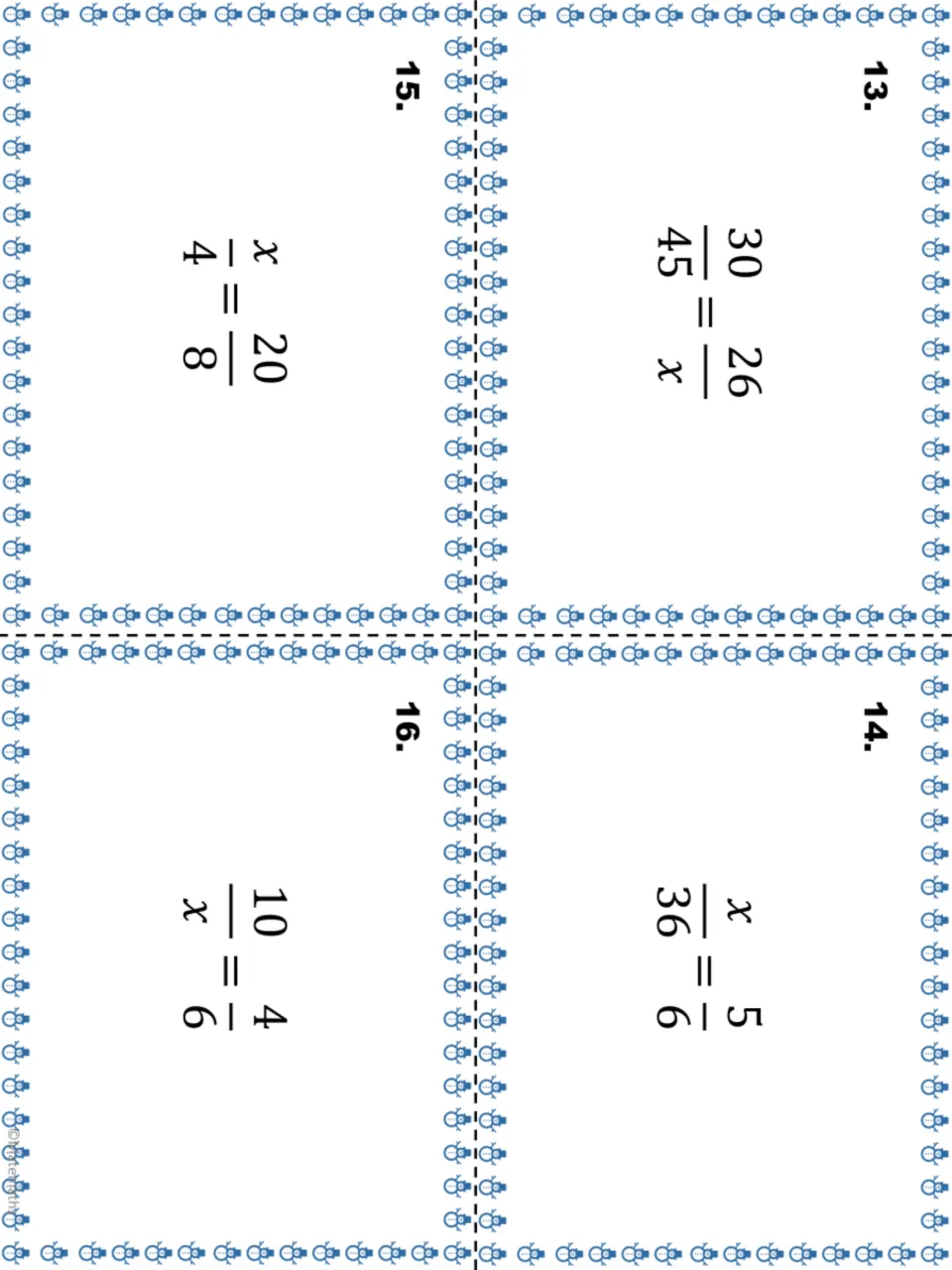 Proportion task cards 13-16: students solve 30/45 = 26/x, x/36 = 5/6, x/4 = 20/8 and 10/x = 4/6 for the unknown