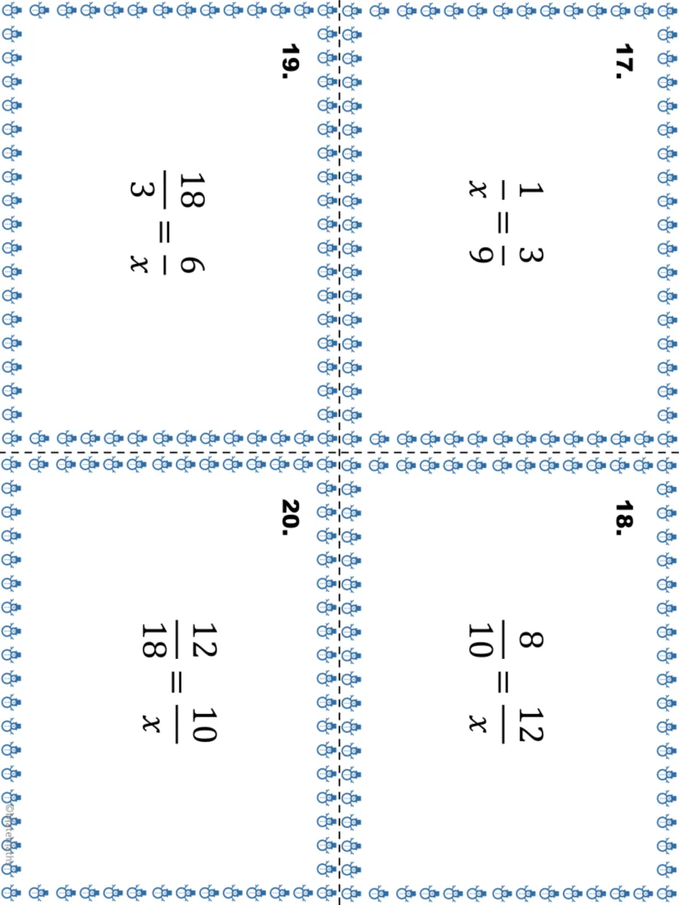 Proportion task cards 17-20: students find x in 1/x = 3/9, 8/10 = 12/x, 18/3 = 6/x and 12/18 = 10/x