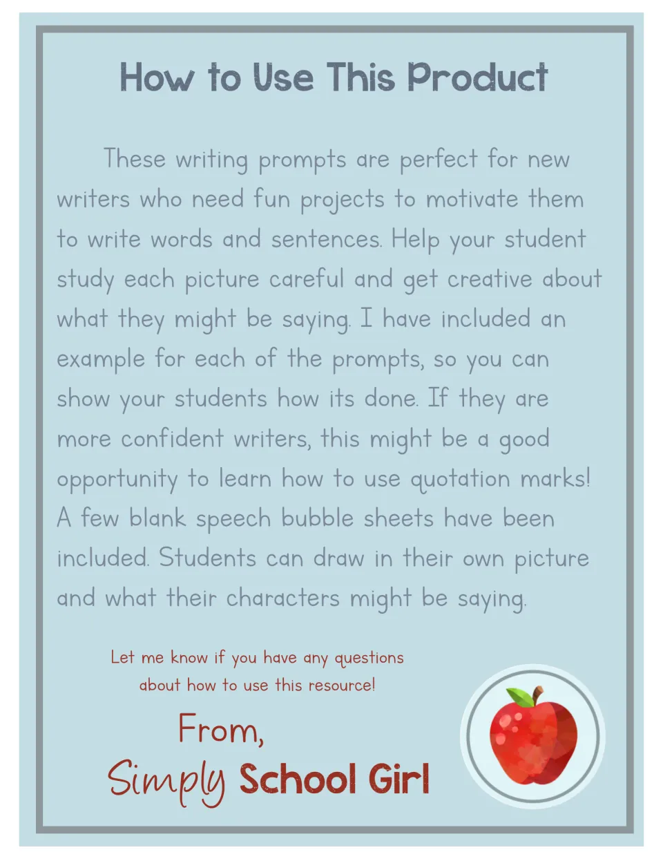 How to Use This Product: teacher note on studying each picture, sharing examples and trying quotation marks with students