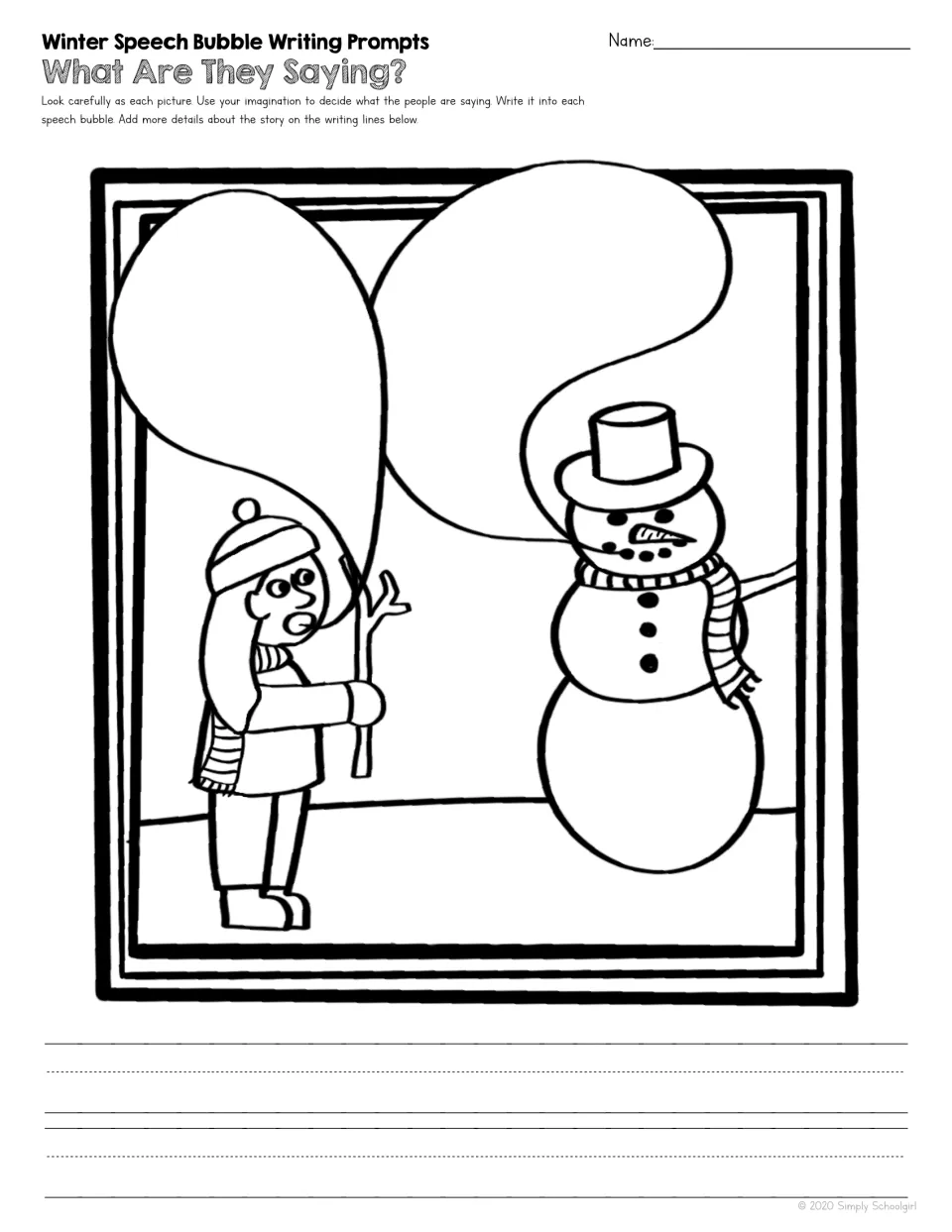 What Are They Saying? A girl holding a stick talks with a snowman; students write both speakers' words and add story details