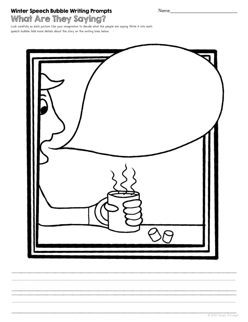 What Are They Saying? A person holds a steaming mug of cocoa beside two marshmallows; students write what the person says