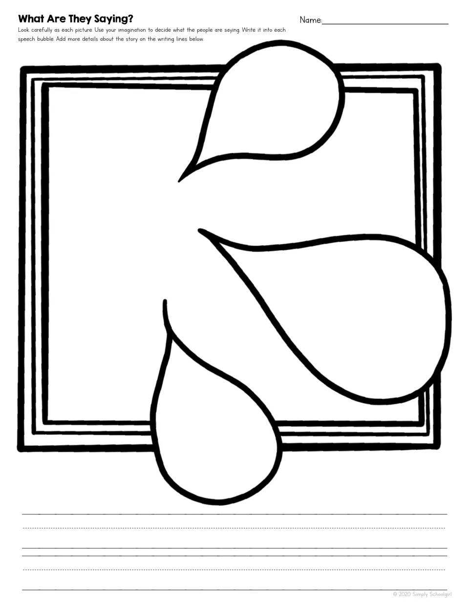 What Are They Saying? Blank picture with three empty speech bubbles; students draw three characters and write their words