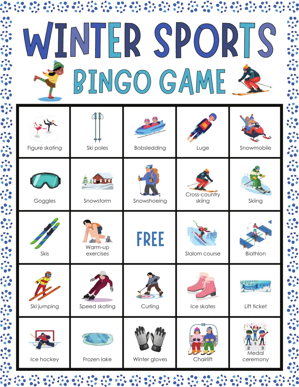 Winter sports bingo card: students mark pictured words like figure skating, ski poles, bobsledding, luge and snowmobile
