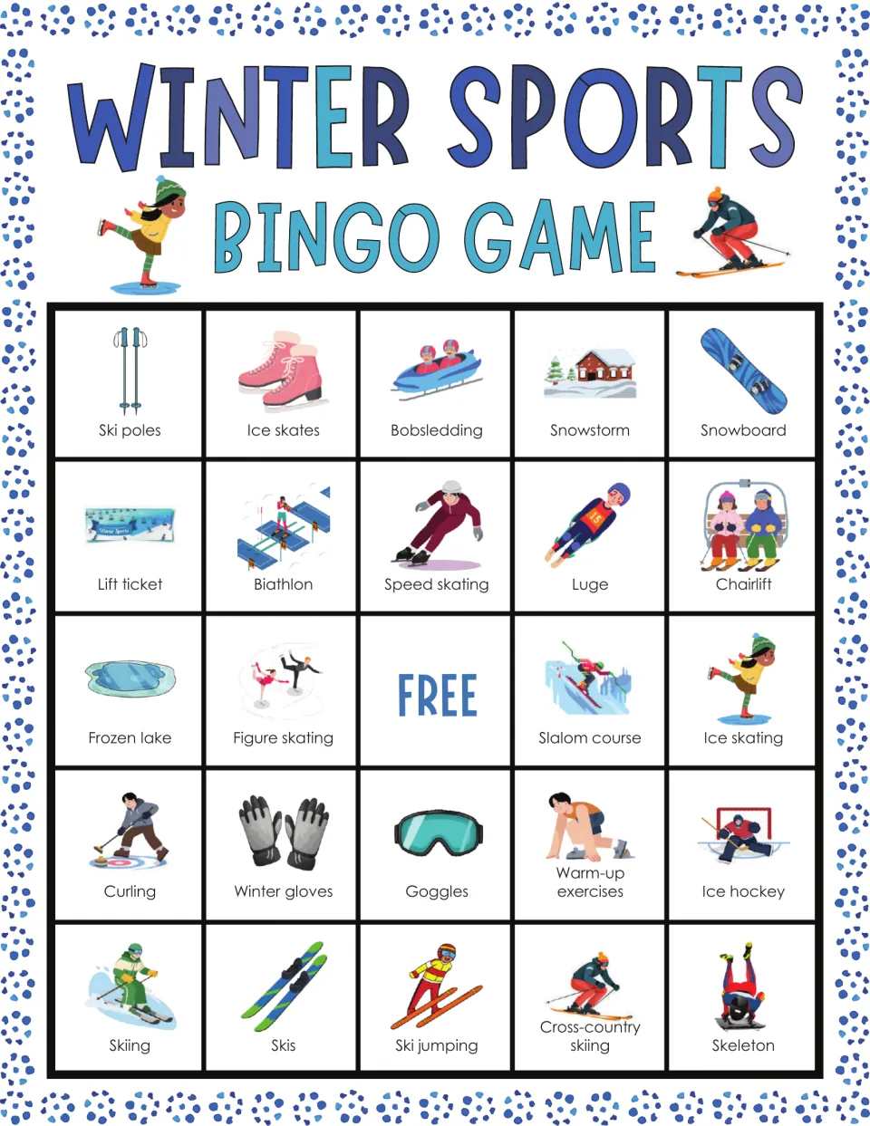 Winter sports bingo card with a FREE space; students mark ski poles, ice skates, bobsledding, snowstorm, snowboard and more