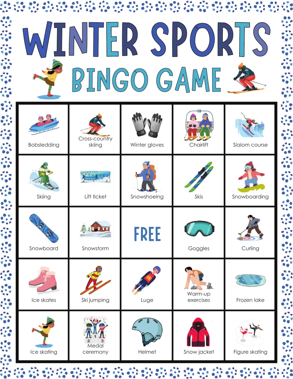 Bingo card of winter sports words: players cover bobsledding, cross-country skiing, winter gloves, chairlift as called