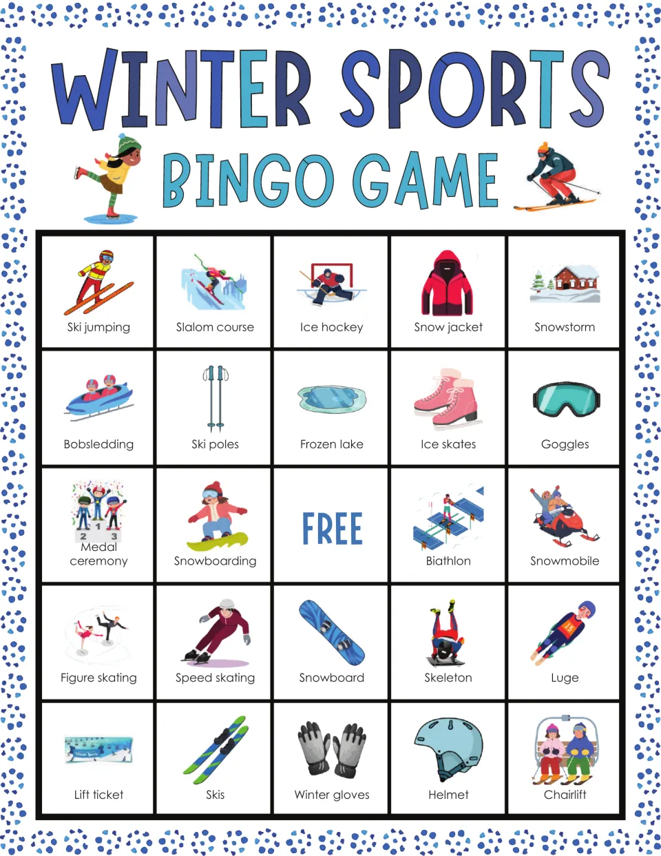 Winter sports bingo: students listen and mark ski jumping, slalom course, ice hockey, snow jacket, snowstorm and others