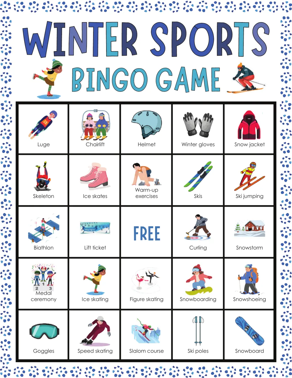 Winter sports picture bingo card: players match called words such as luge, chairlift, helmet, winter gloves, snow jacket