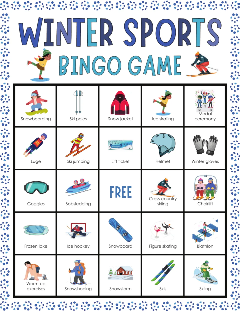 Winter sports bingo card: students cover snowboarding, ski poles, snow jacket, ice skating and medal ceremony when called