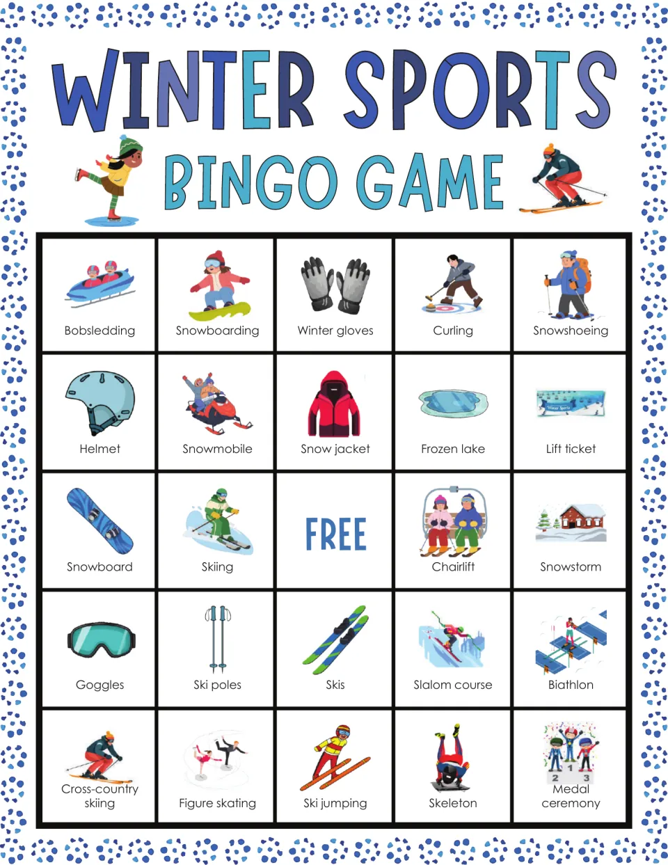 Winter sports bingo card: players mark bobsledding, snowboarding, winter gloves, curling, snowshoeing and other words
