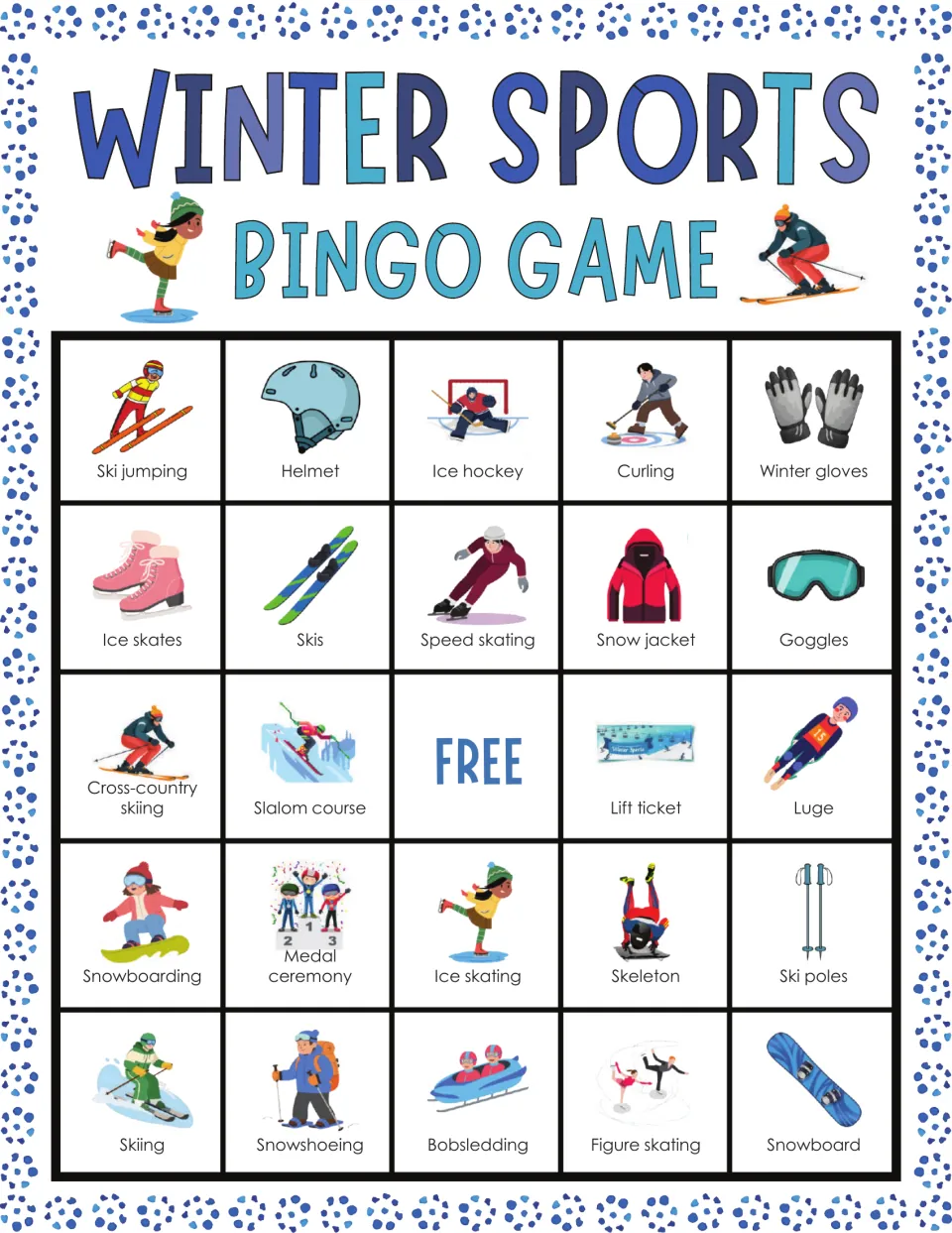 Winter sports bingo card: players cover ski jumping, helmet, ice hockey, curling and winter gloves as each is called