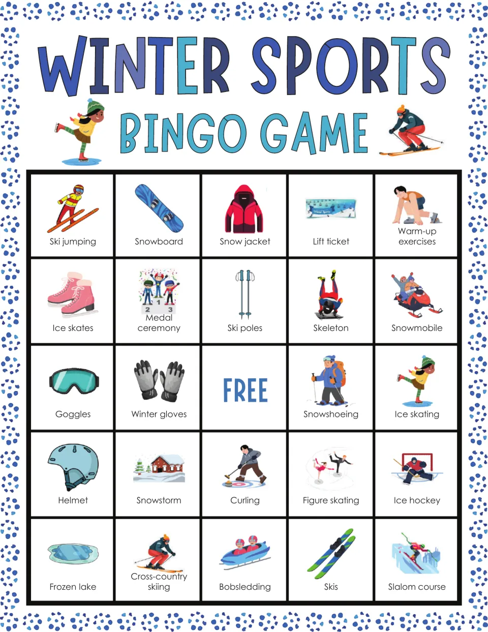 Winter sports bingo card: students mark ski jumping, snowboard, snow jacket, lift ticket and warm-up exercises as called
