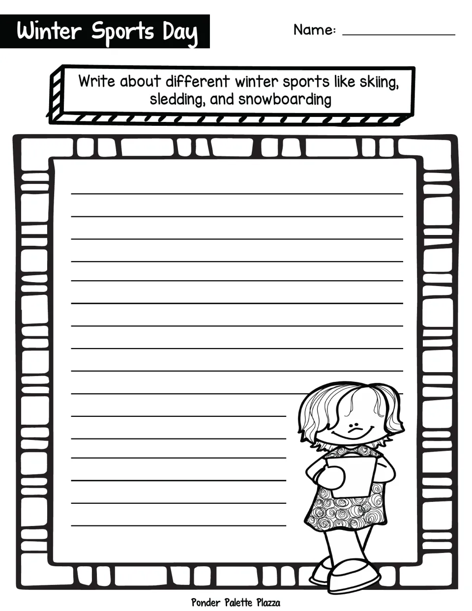 Winter sports writing prompt asking students to write about sports like skiing, sledding, and snowboarding.