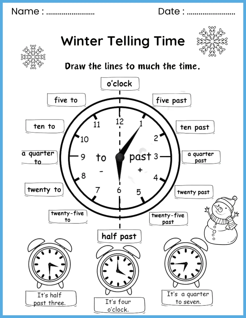 Past and to clock guide: a labeled clock shows five past through half past to five to, plus three example alarm clocks