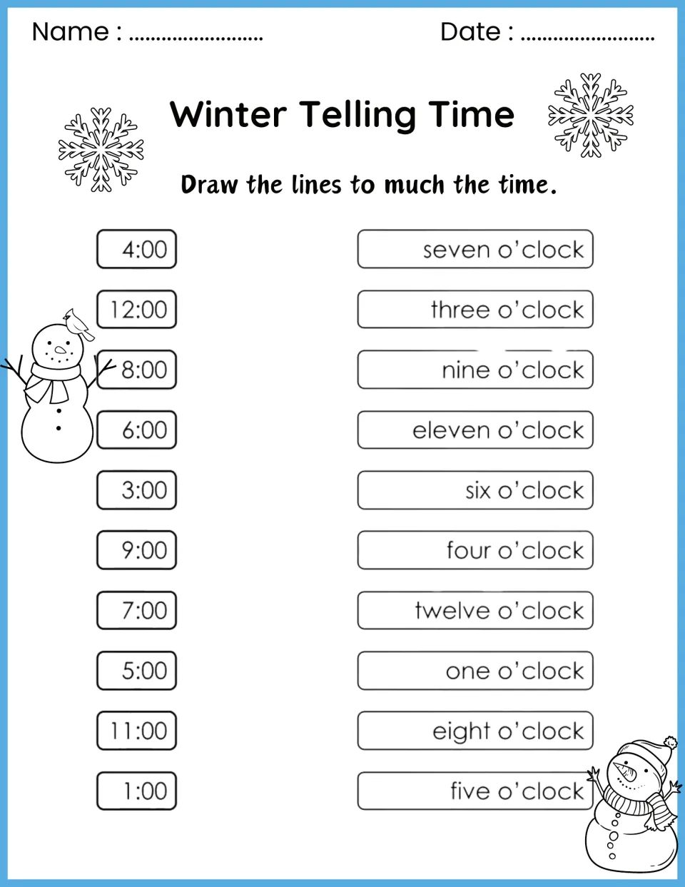 Matching hours: students draw lines from digital times such as 4:00 and 12:00 to the same time in words, like four o'clock