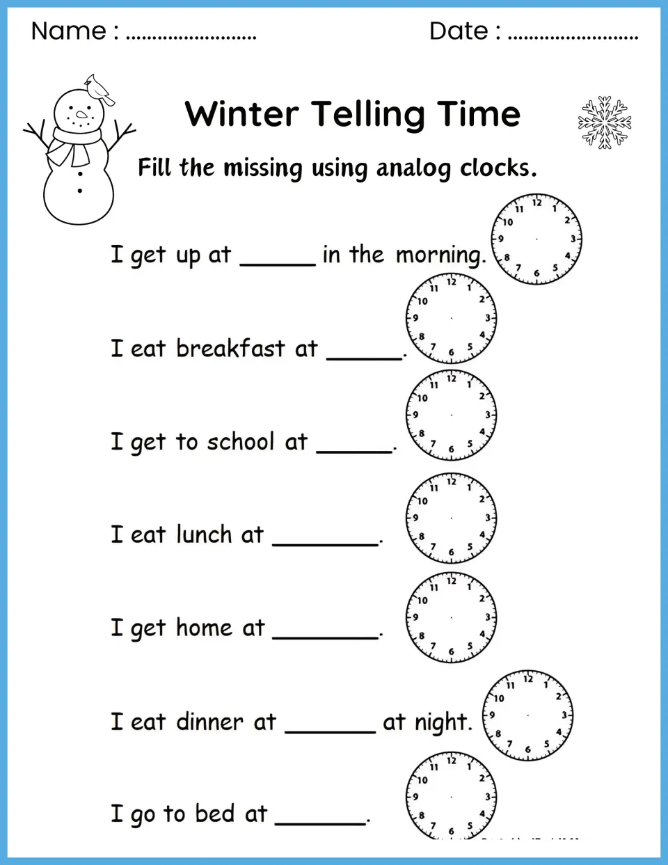 Daily routine times: students write when they get up, eat, get to school, get home and go to bed and show each on a clock