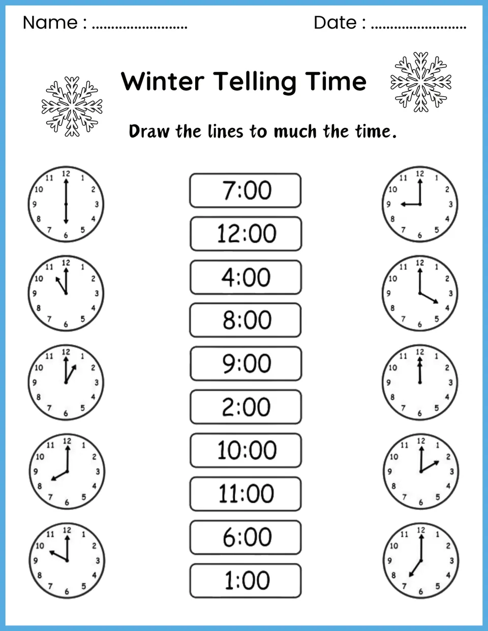 Reading o'clock times: students draw lines from 10 analog clocks to matching digital times such as 7:00, 12:00 and 4:00