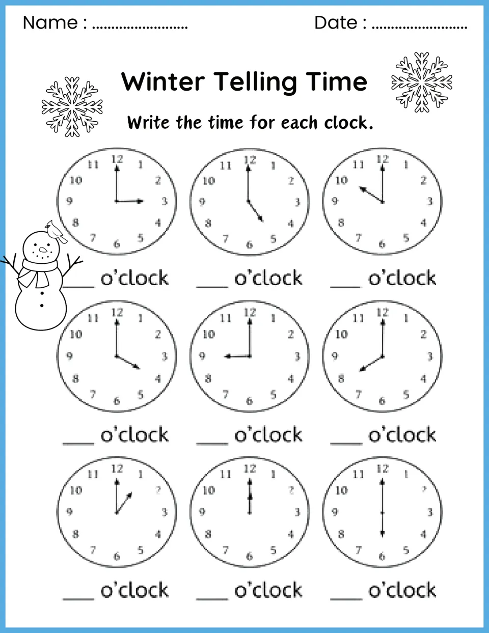 Telling time to the hour: students read nine analog clocks and write the hour on the blank before each o'clock label