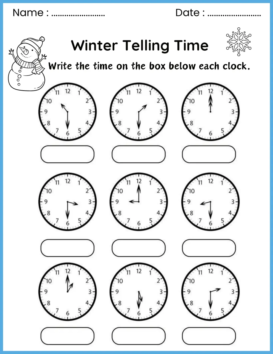 Telling time to the half hour: students read nine analog clocks, most showing half past, and write each time below
