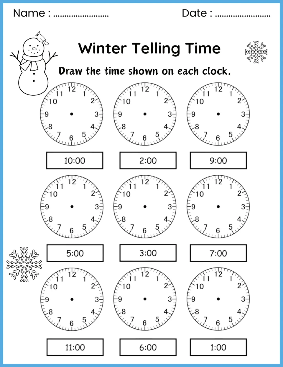 Drawing clock hands: students draw hour and minute hands on nine blank clocks to show times such as 10:00, 2:00 and 6:00