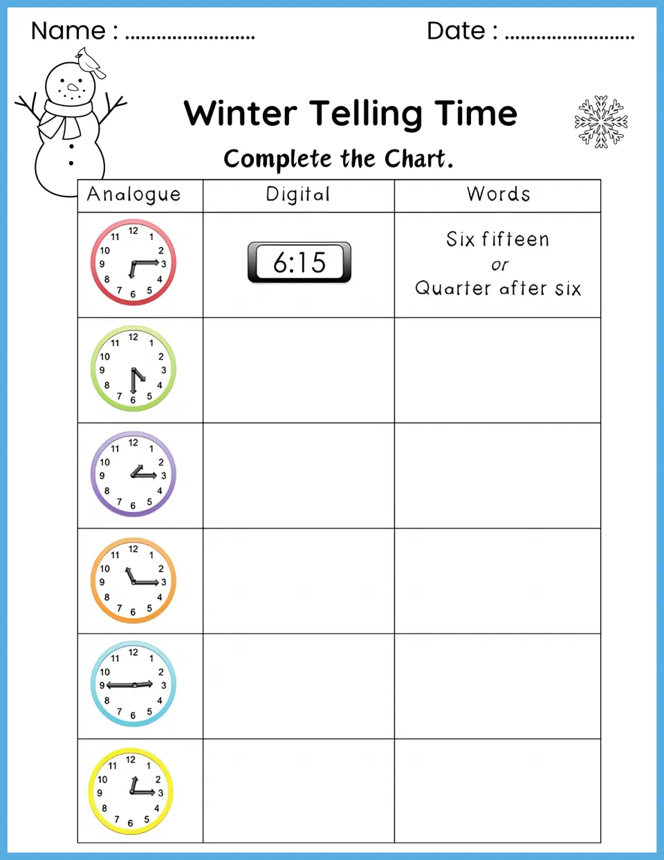 Analog, digital and words chart: students record five colored clock times digitally and in words, following a 6:15 example