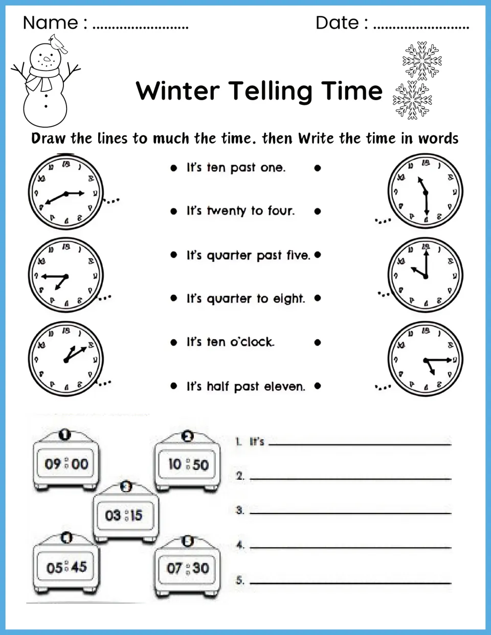 Time in words: students match six clocks to phrases like ten past one, then write five digital times such as 10:50 in words