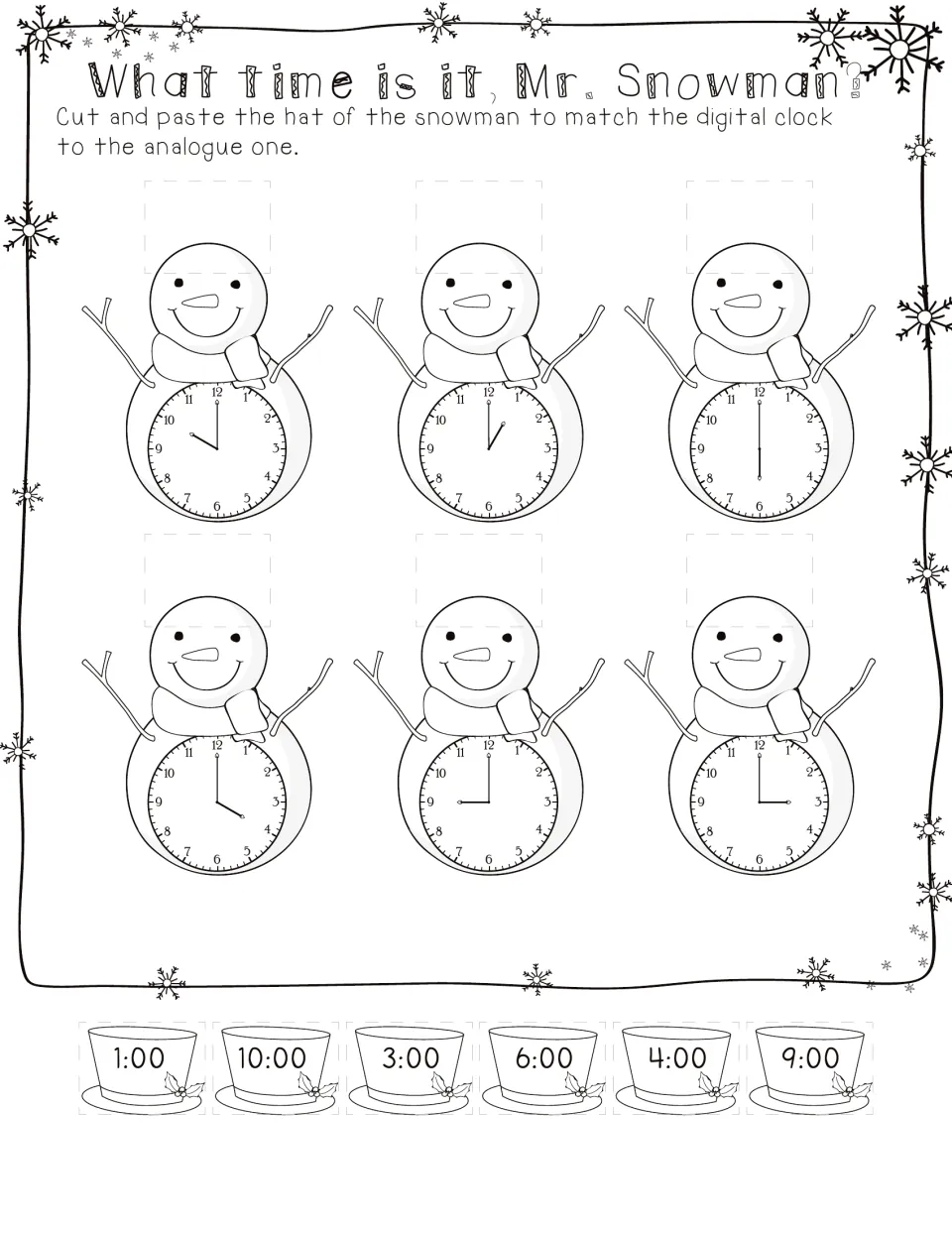 Telling time to the hour: students cut out 6 snowman hats with digital times and paste each on the matching clock
