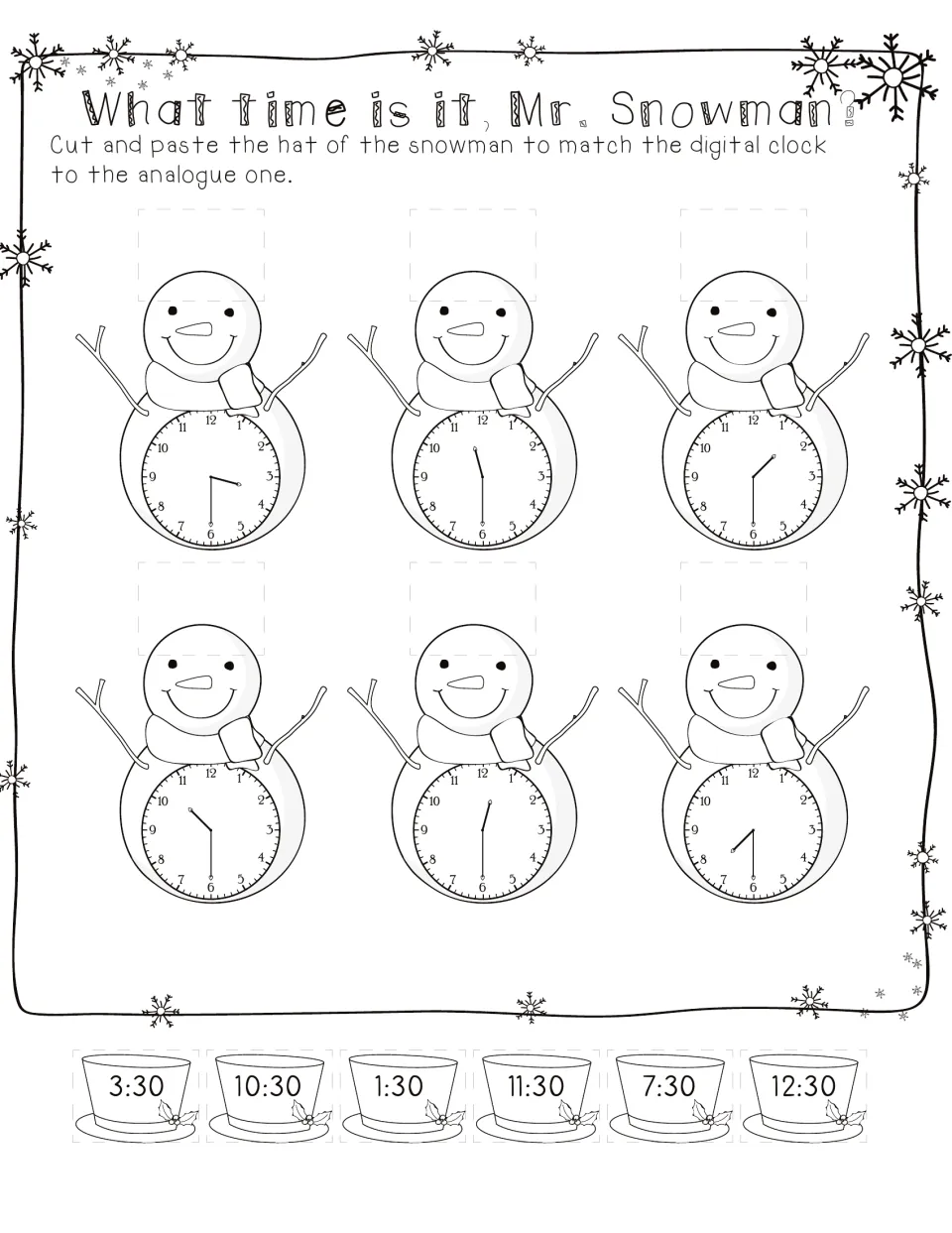 Telling time to the half hour: students match snowman hats showing 3:30, 10:30, 1:30, 11:30, 7:30, 12:30 to analog clocks