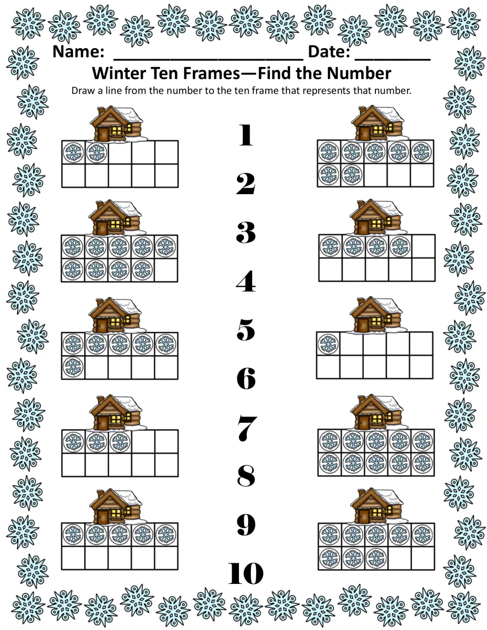 Find the Number in color: draw a line from each number 1–10 to the ten frame of snowflakes showing that amount