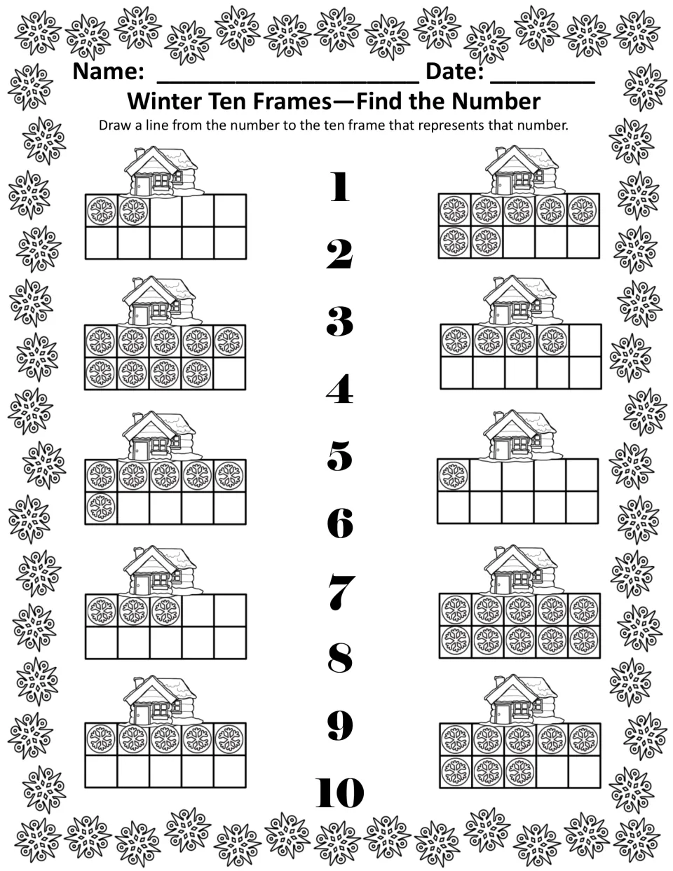 Black-and-white Find the Number page: match the numbers 1–10 to ten frames of snowflakes under log cabins