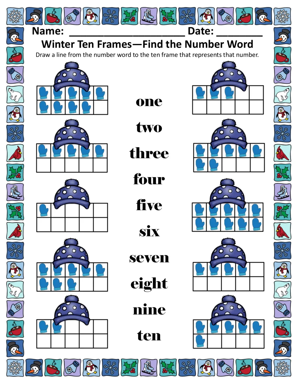Find the Number Word in color: match the words one to ten to ten frames filled with mittens under winter hats