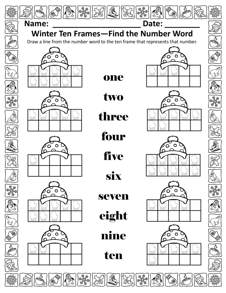 Black-and-white Find the Number Word page: draw lines from one through ten to the matching mitten ten frames