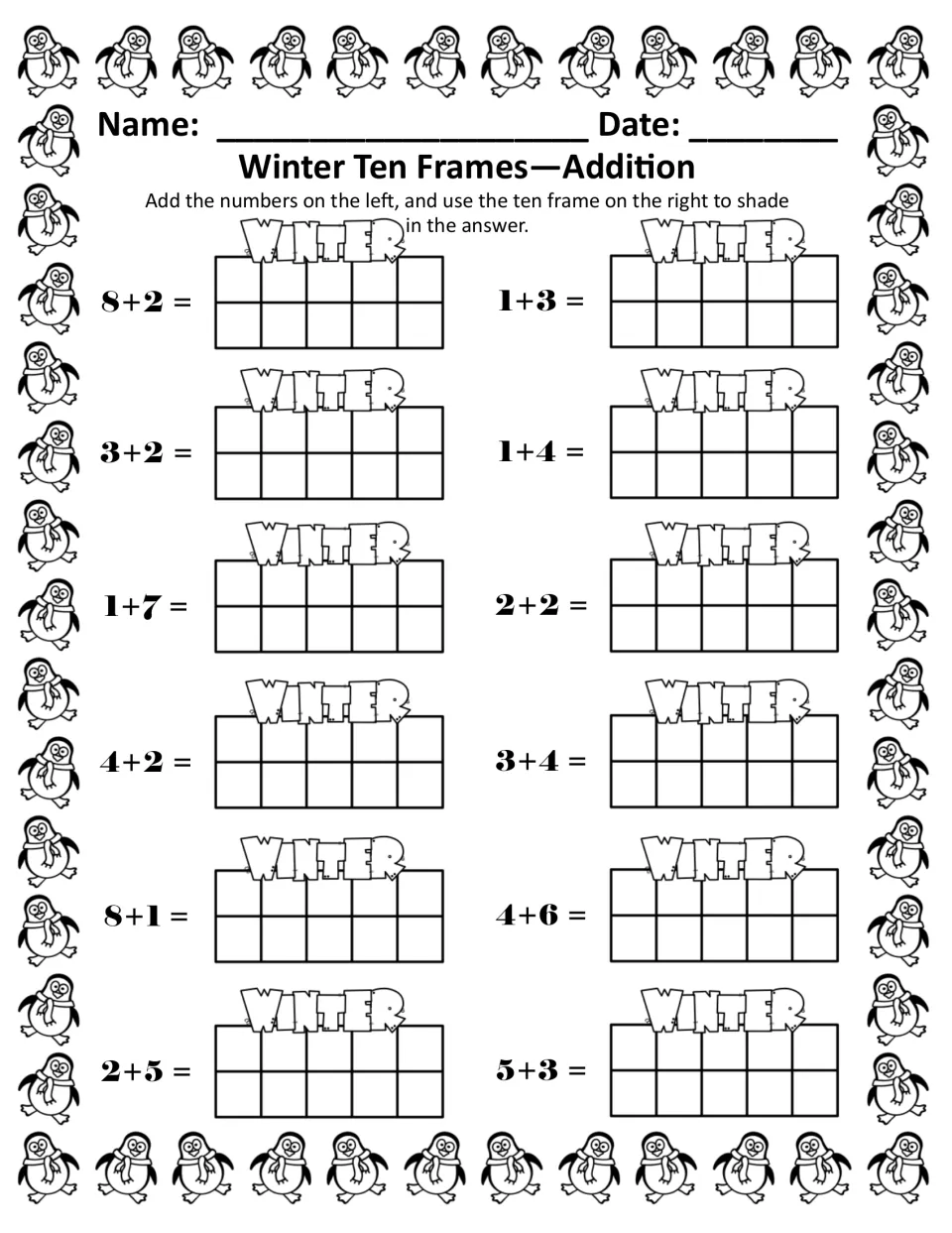 Black-and-white addition page with the same 12 facts, from 8+2 and 1+3 to 2+5 and 5+3, shaded on ten frames
