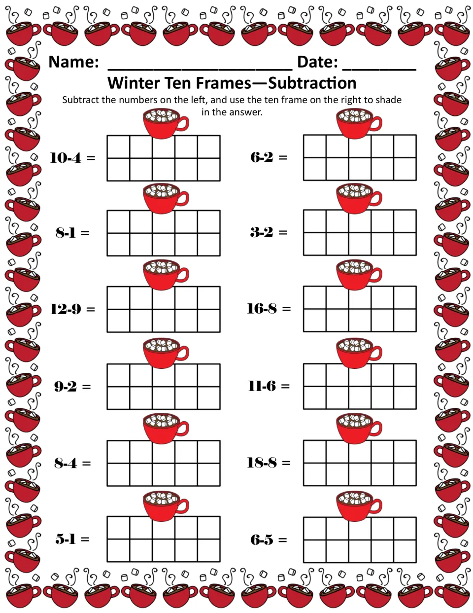 Subtraction in color: 12 facts such as 10-4, 12-9, 16-8 and 18-8, shading each difference on a ten frame