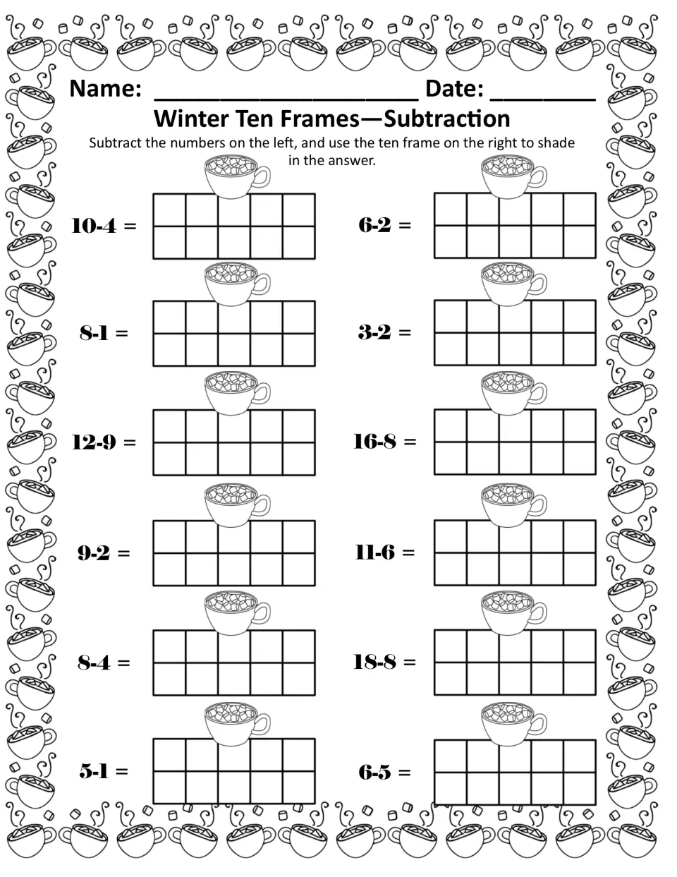 Black-and-white subtraction page: 12 facts from 10-4 and 8-1 to 5-1 and 6-5, with a ten frame for each answer