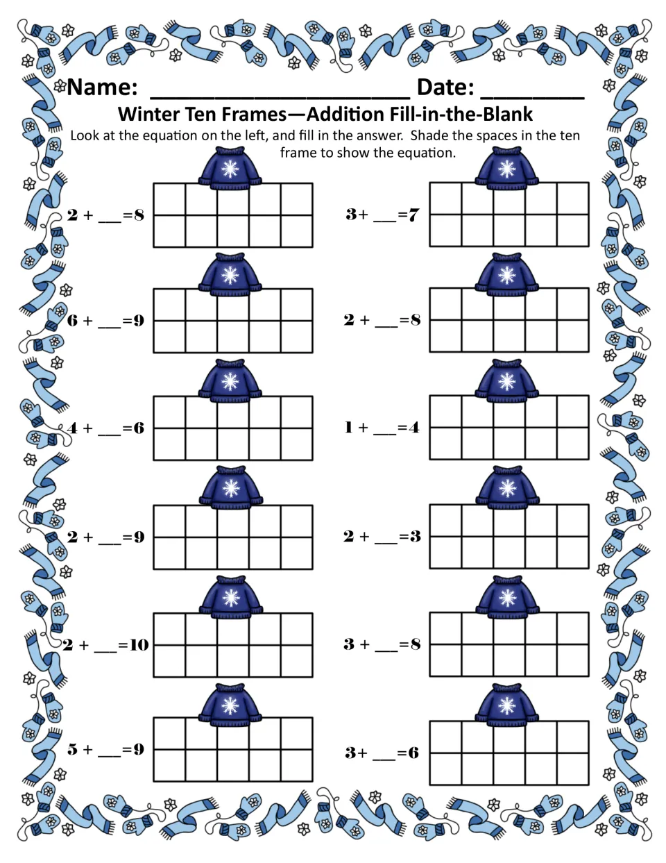 Addition Fill-in-the-Blank in color: find the missing addend in 12 facts like 2 + __ = 8, then shade the ten frame