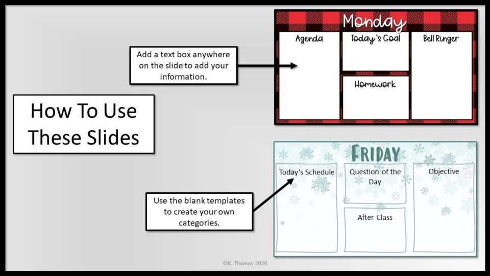 How-to slide explains adding text boxes for information and using blank templates to create custom categories.