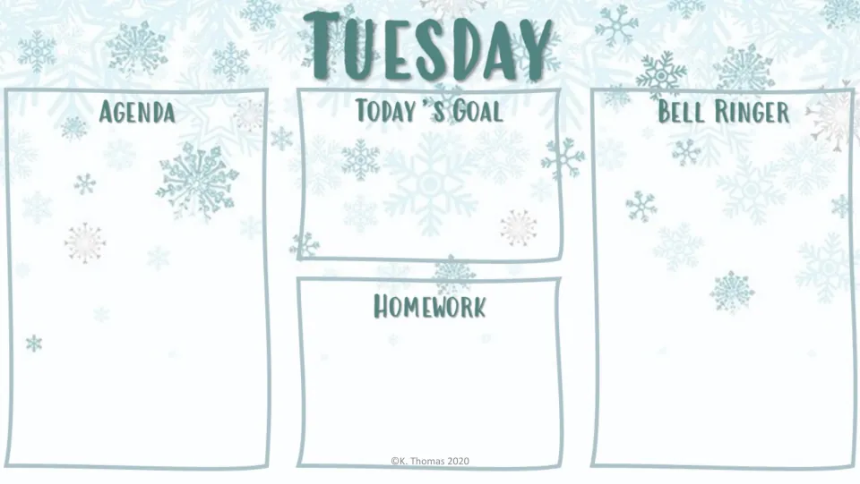 Tuesday agenda slide in the first design, with headings for Agenda, Today's Goal, Homework, and Bell Ringer.