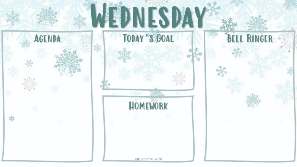 Wednesday agenda slide in the first design, with headings for Agenda, Today's Goal, Homework, and Bell Ringer.
