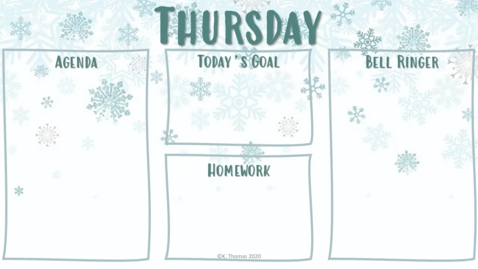 Thursday agenda slide in the first design, with headings for Agenda, Today's Goal, Homework, and Bell Ringer.