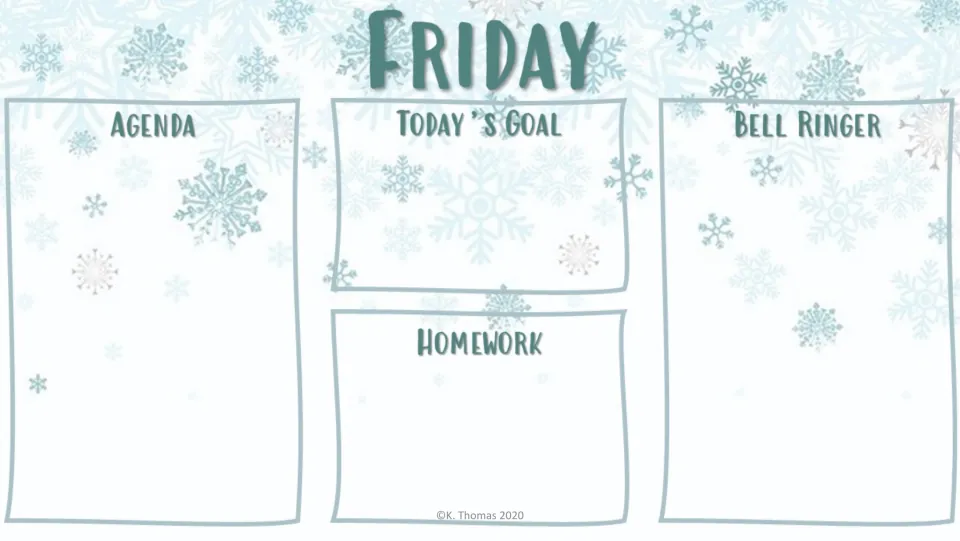 Friday agenda slide in the first design, with headings for Agenda, Today's Goal, Homework, and Bell Ringer.
